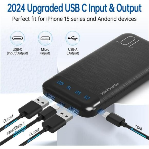 Portable Charger 10000mAh Slim Power Bank USB C Fast Charging Travel Backup - Picture 2 of 7